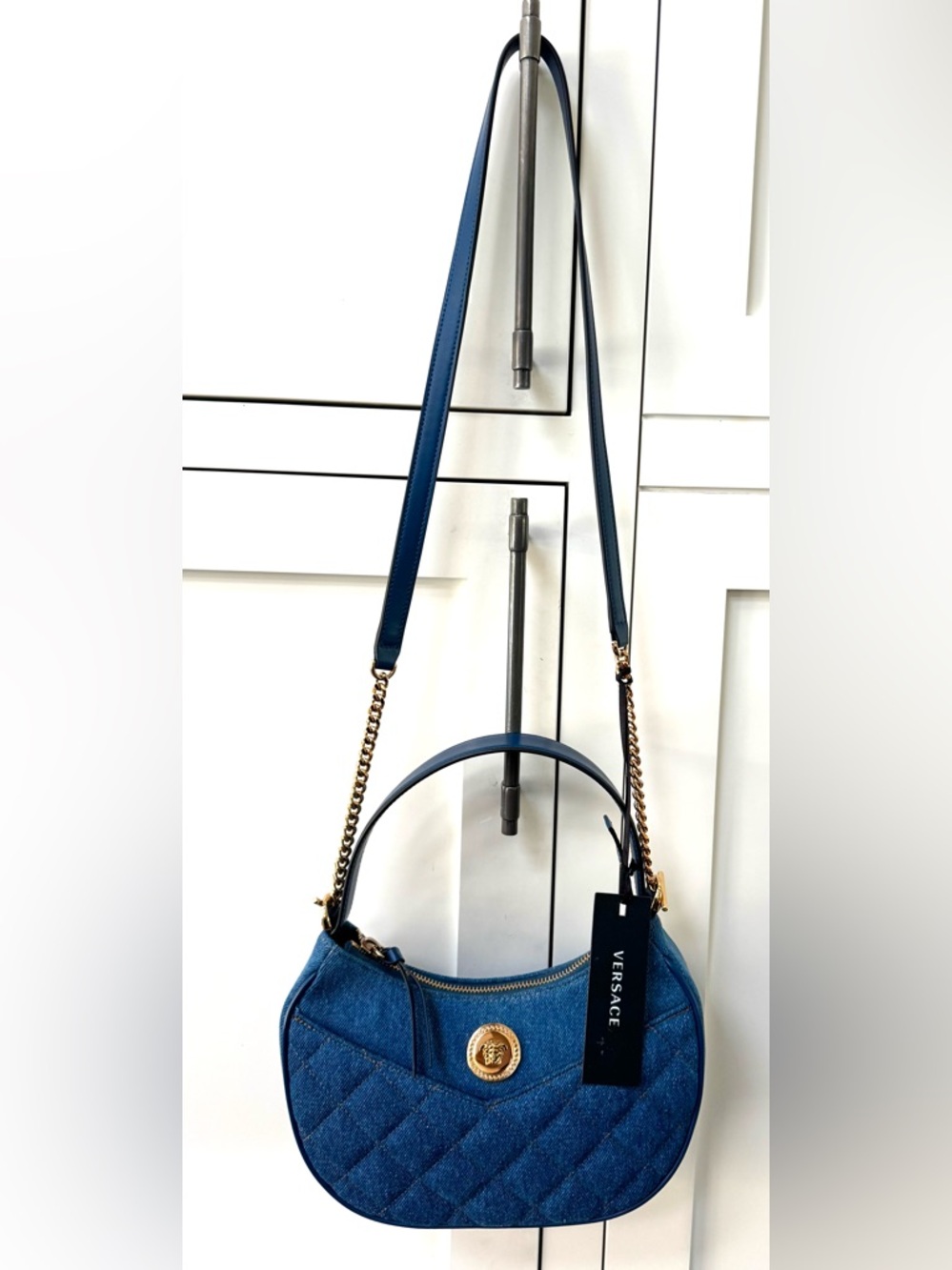 VERSACE NWT Denim Medusa Quilted 2-Way Shoulder Crossbody Bag Blue Gold - Picture 12 of 13